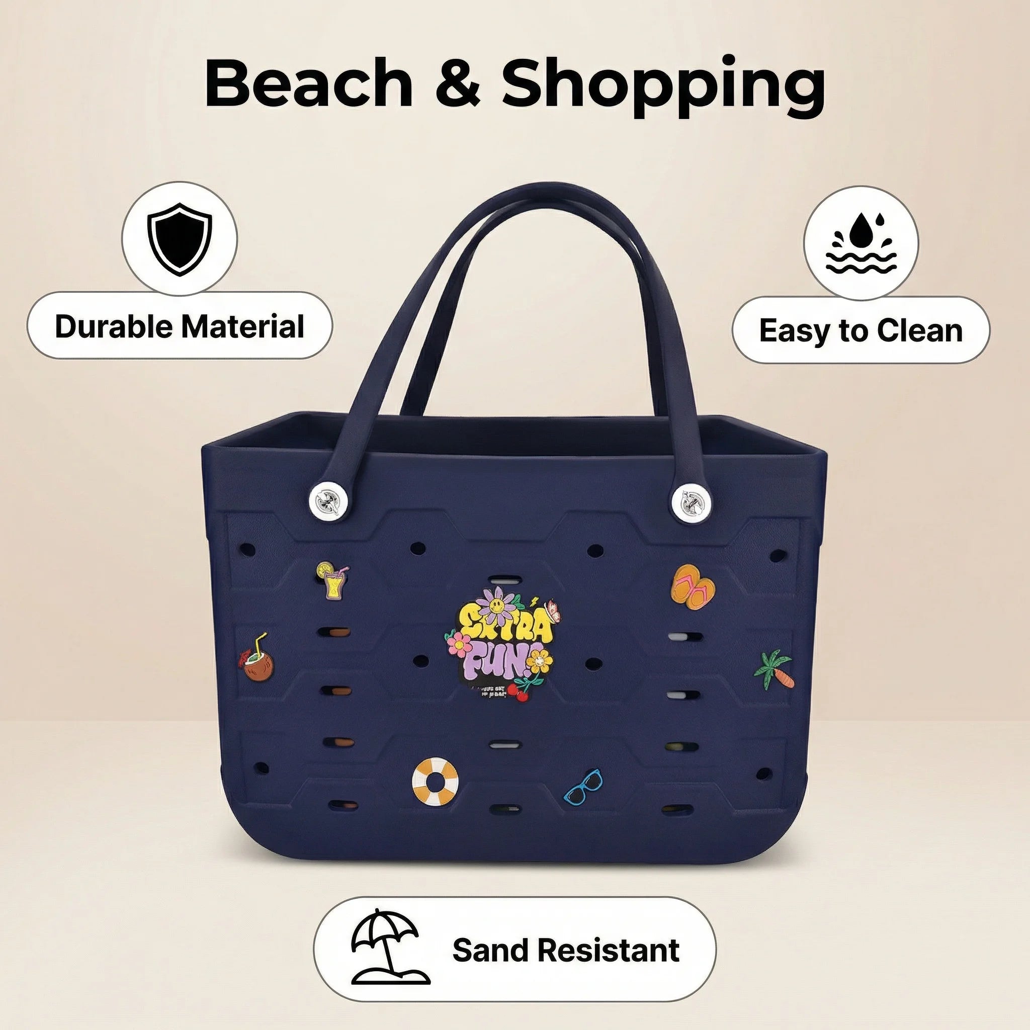 Waterproof EVA Beach Tote Bag, Women Casual Punched Handbag with 20Pcs Random Decor Charms for Outdoor Travel