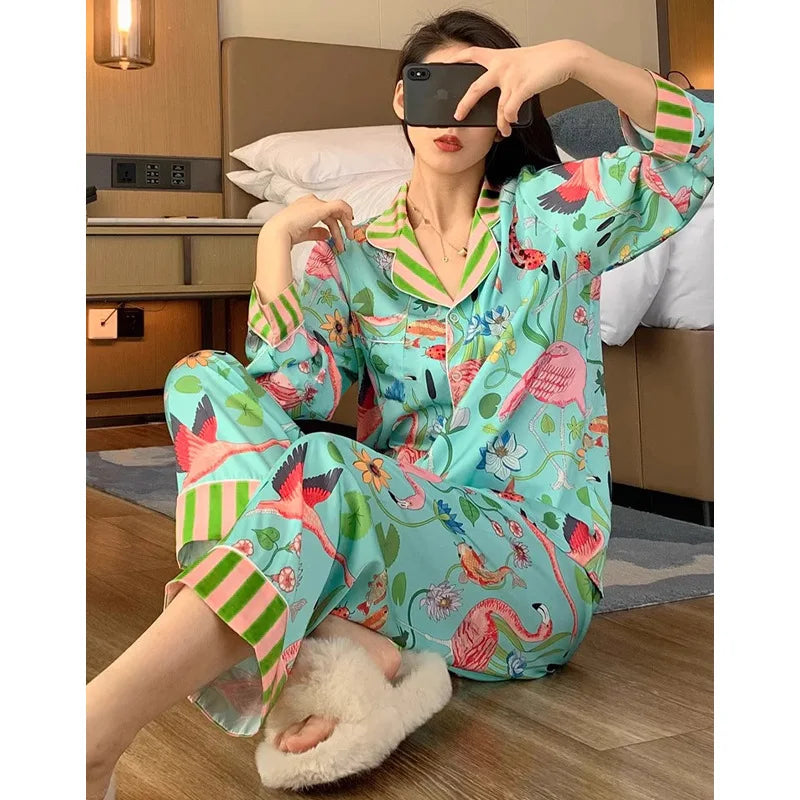 Silky Mermaid Print Long Pajama Set
