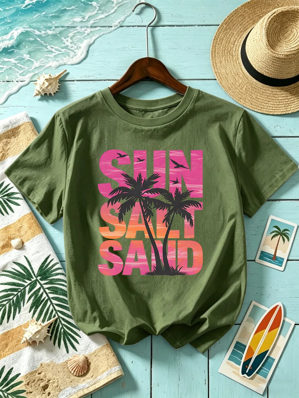 Sun Salt Sand Coconut Tree 
Prints T-Shirts Womens Cotton Summer Short Sleeve T Shirt O-Neck Oversized Tops Basic Soft Clothes