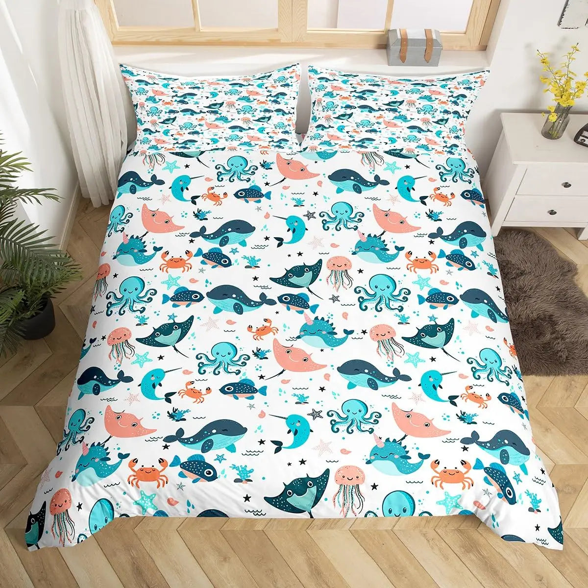 Cute Cartoon Killer Whale Duvet Cover Ocean Orca Bedding Set,Coastal Marine Animal Duvet set