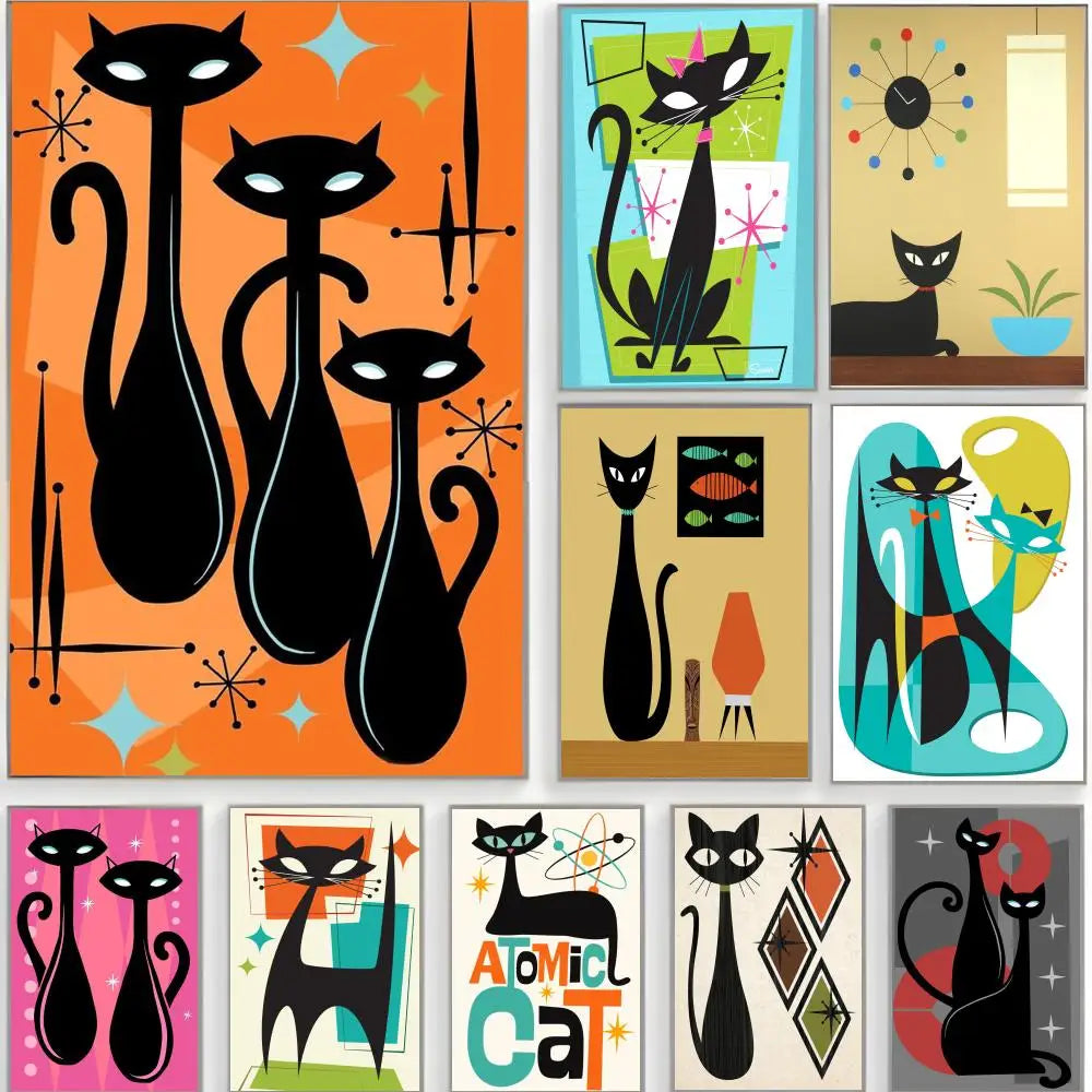 Mid Century Black Cat Poster Classic Wall Art  Home Decor  Peel and Stick Unframed ( approx 19in x27in)