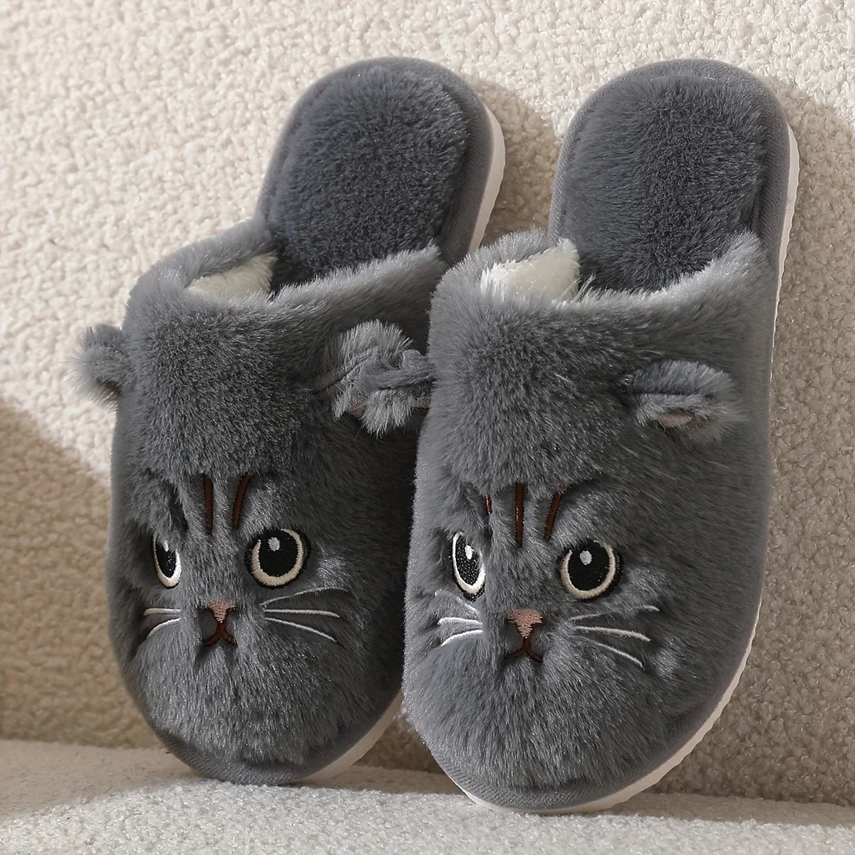 Cute Plush Cat Slippers Winter Warm Cozy Indoor House Shoes Soft EVA Sole Non-Slip Design