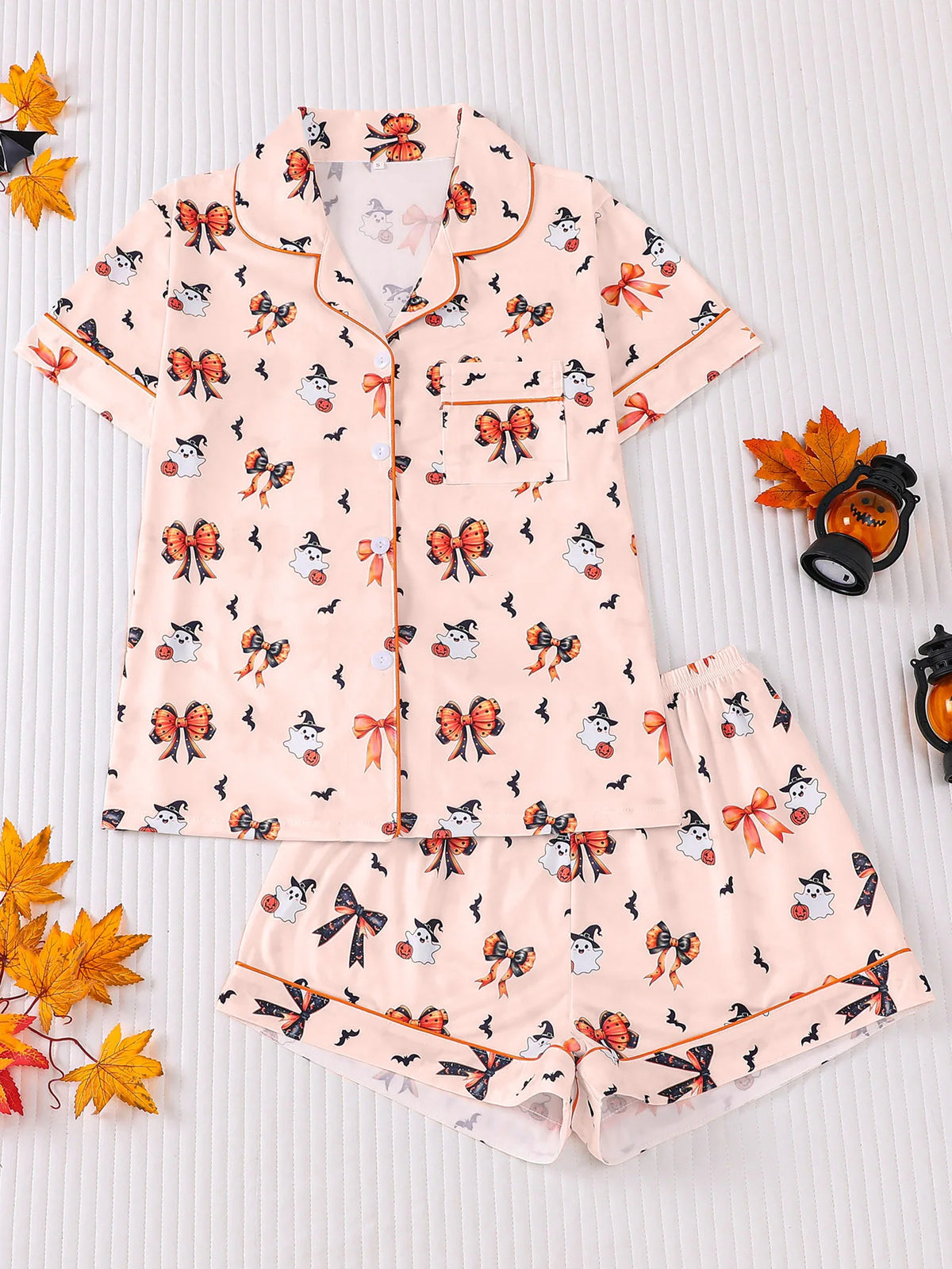Halloween Ghost & Pumpkin Women's Pajama Set — Short Sleeve Top & Shorts