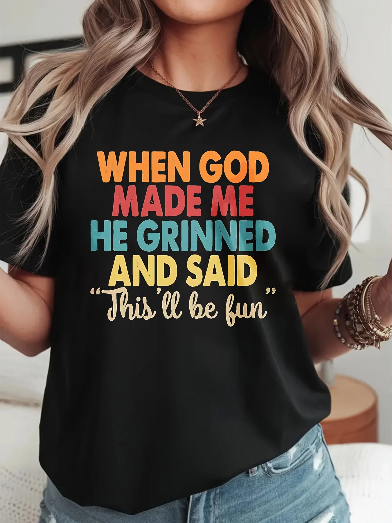When God Made Me He Grinned Women's Tee, Funny Religious Quote Beige Top