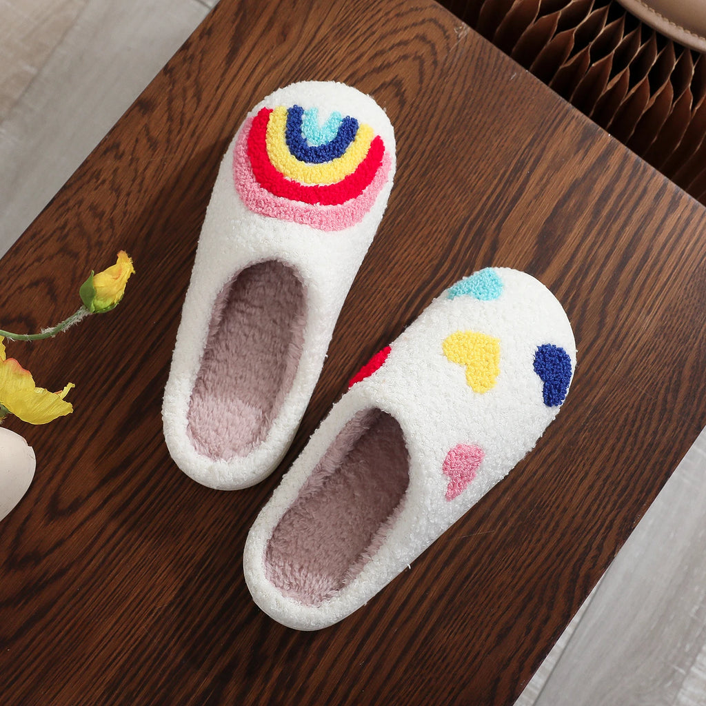 Women's Rainbow Heart Embroidered Plush Slippers — Soft Furry Indoor House Shoes