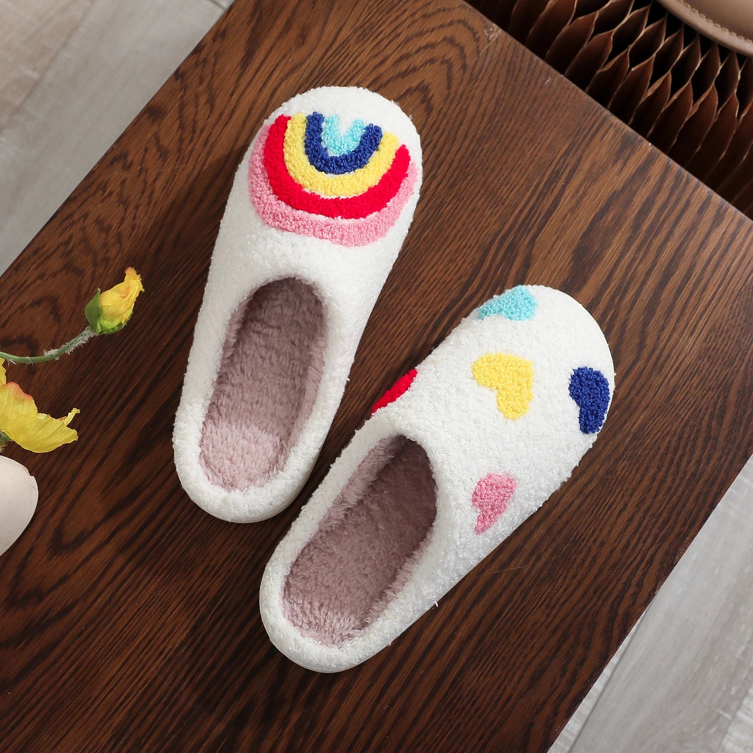 Women's Rainbow Heart Embroidered Plush Slippers — Soft Furry Indoor House Shoes