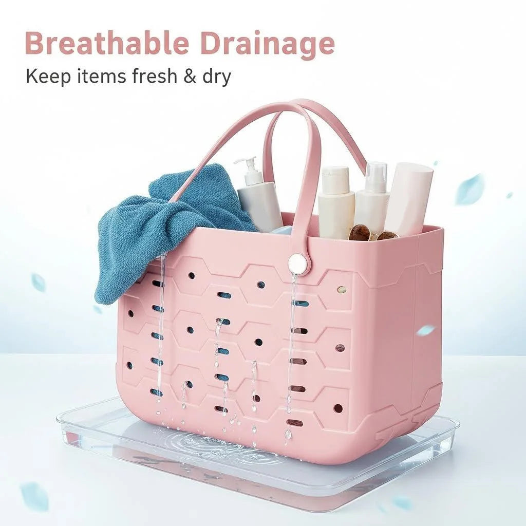 Waterproof EVA Beach Tote Bag, Women Casual Punched Handbag with 20Pcs Random Decor Charms for Outdoor Travel