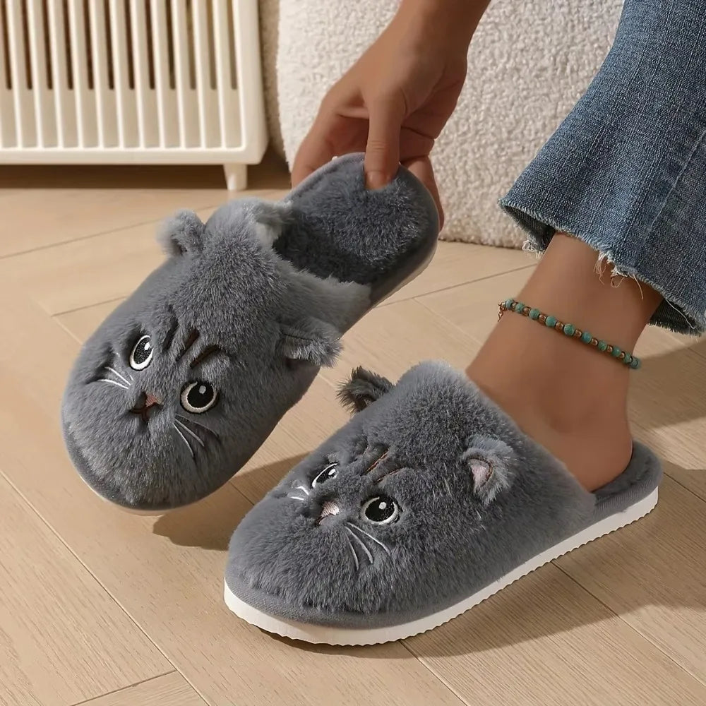 Cute Plush Cat Slippers Winter Warm Cozy Indoor House Shoes Soft EVA Sole Non-Slip Design