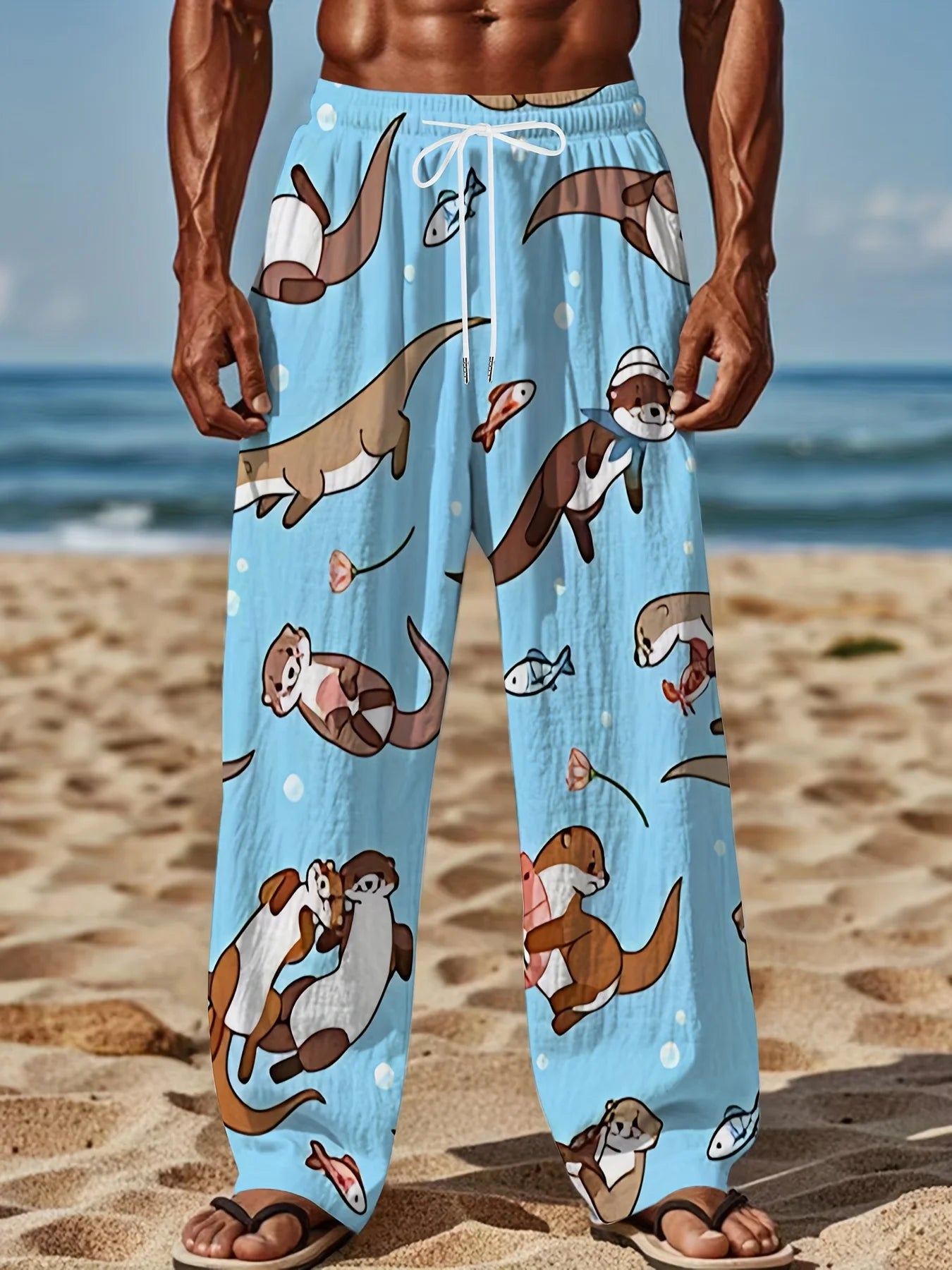 2026 Summer Men's Light Blue Cartoon Otter Print Pants Quick Dry Comfort Lounge/ pajama pants