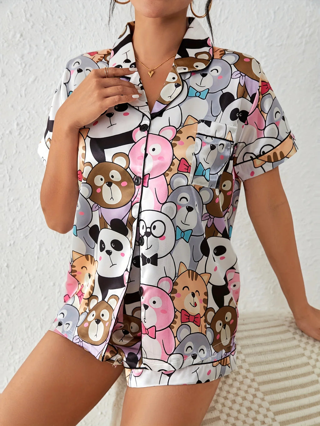 Cute Cartoon Print Satin Pajama Set