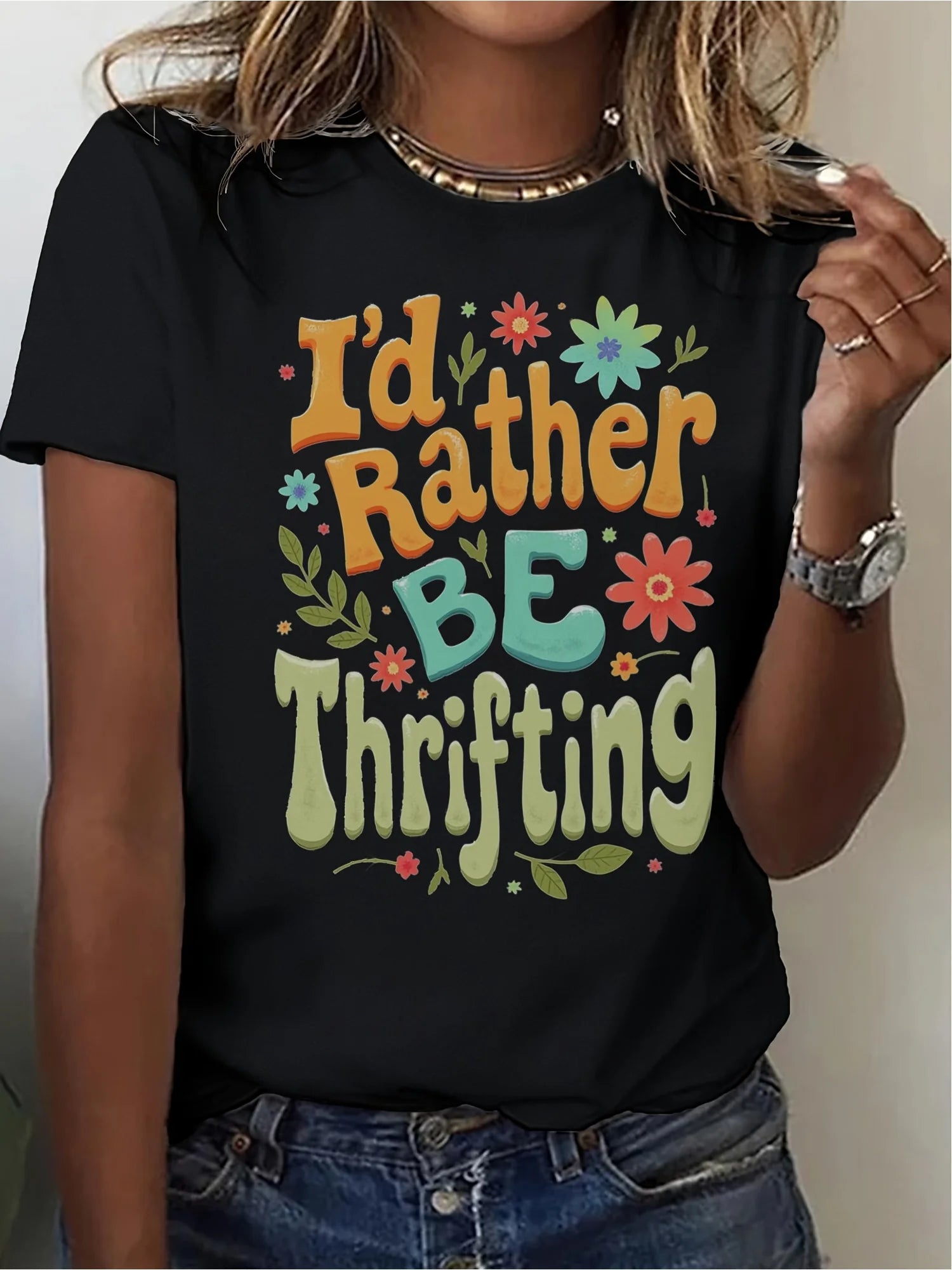 Women Vintage Thrift Store Slogan T Shirt Casual Summer Top 100 Cotton Machine Washable Everyday Wear