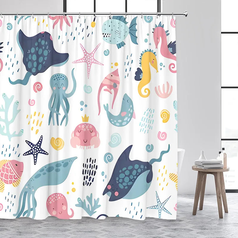Cartoon Animals Shower Curtains Cute Ocean Fish Sea Turtle Whale Octopus Child Bathroom Curtain Decor with Hooks
