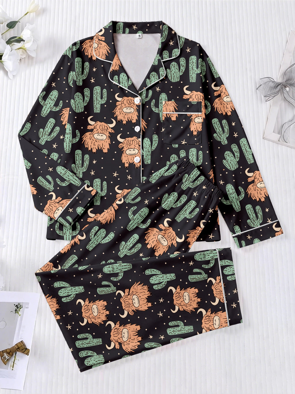 Highland Cow & Cactus Women's Pajama Set — Long Sleeve Top & Pants
