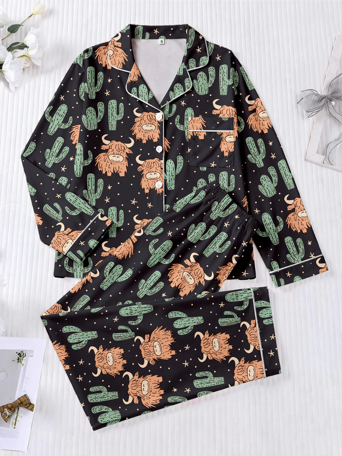 Highland Cow & Cactus Women's Pajama Set — Long Sleeve Top & Pants