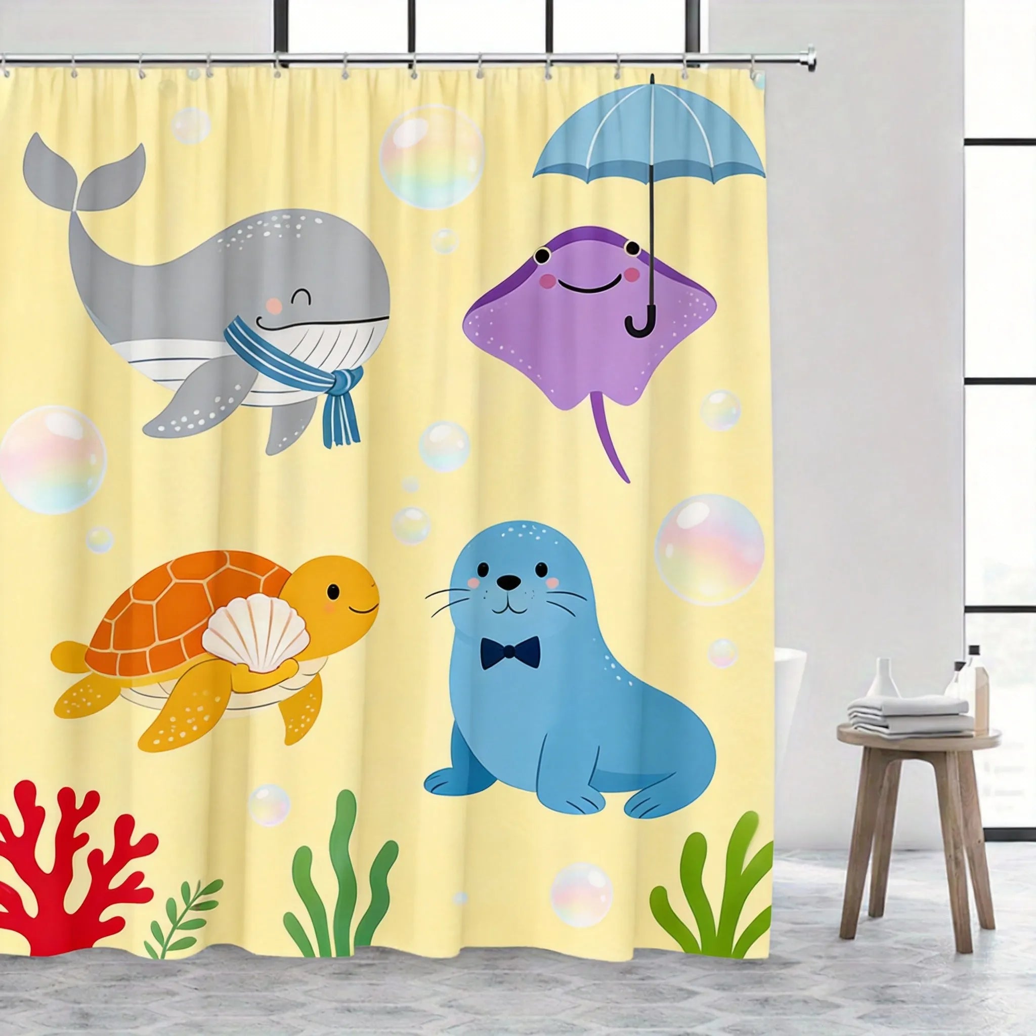 Underwater Shower Curtain 180x180cm – Playful Ocean Animals for Kids Bathroom, Whimsical Aquatic Decor, 12 Hooks