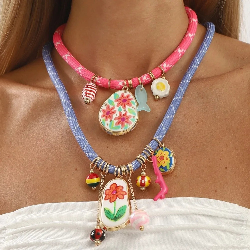 Fashionable Bohemian Multi-element Pendant Colorful Jewelry Gifts Collarbone Chain Cute Flower Rope Necklaces Beach