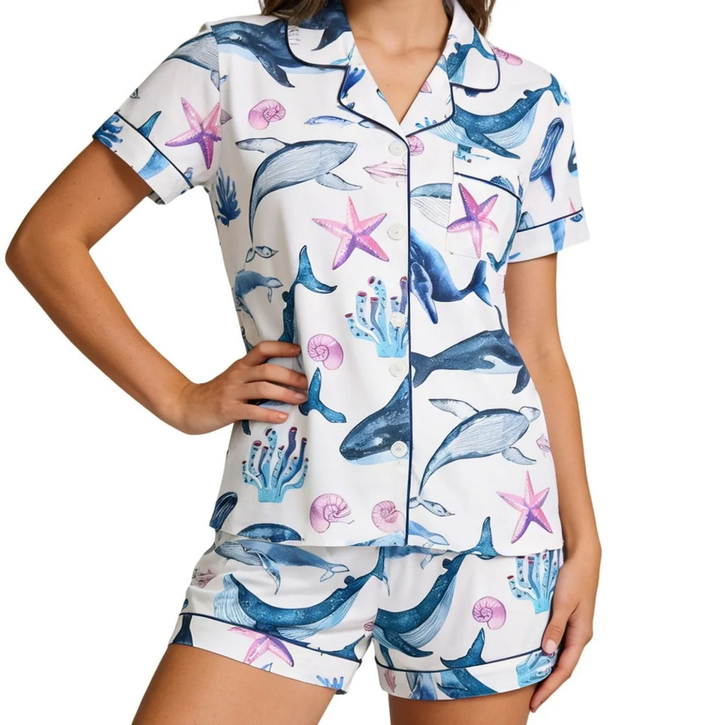 Ocean Themed Pajamas Blue with Whale Starfish Print Lapel Short Sleeve Shorts Loungewear Pants Home Wear Set Gifts for Women