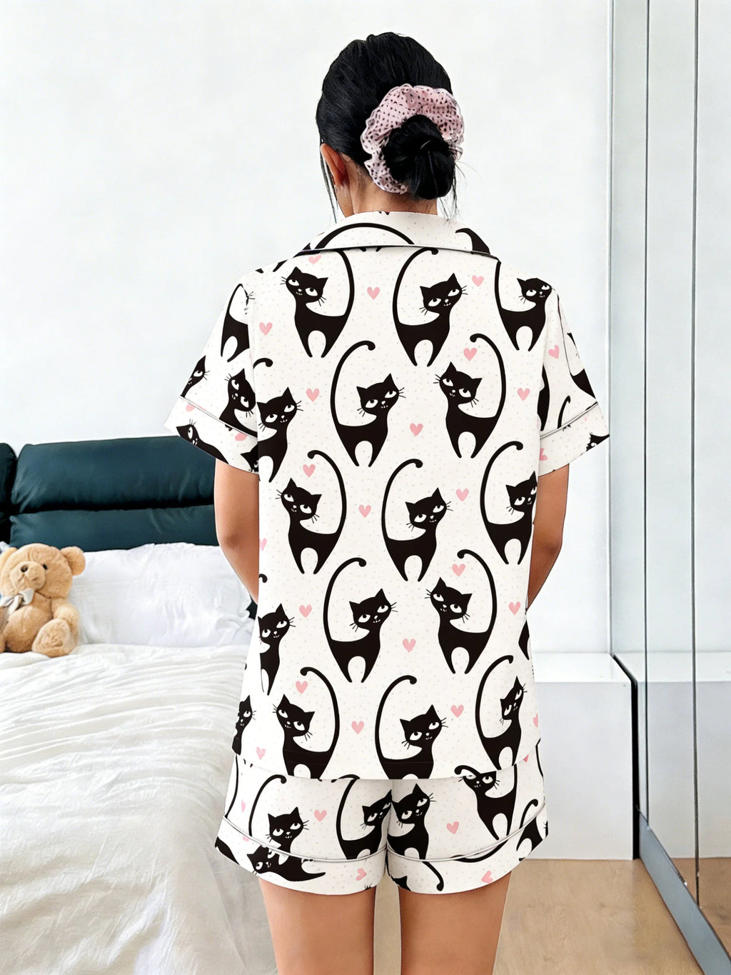 Black Cat & Hearts Women's Pajama Set — Short Sleeve Top & Shorts