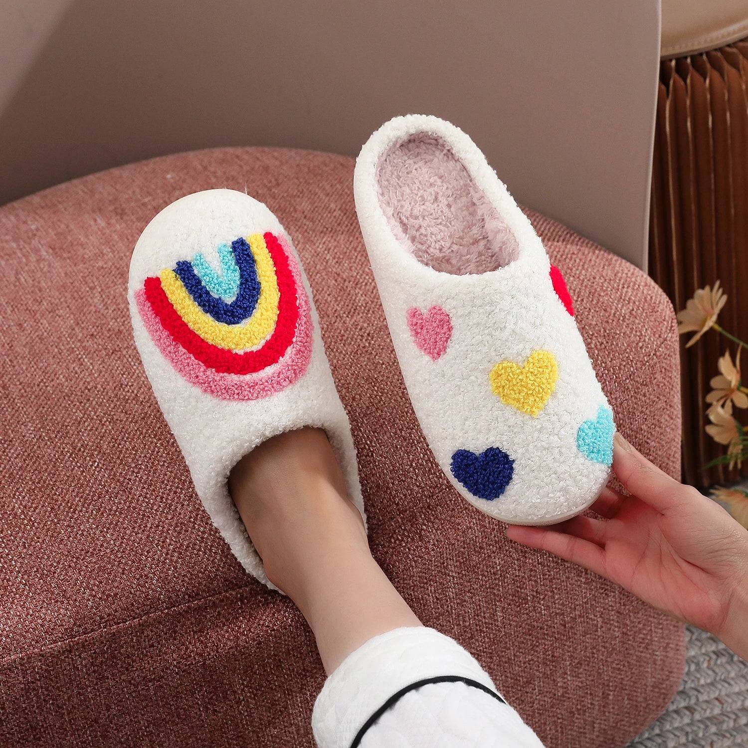 Women's Rainbow Heart Embroidered Plush Slippers — Soft Furry Indoor House Shoes