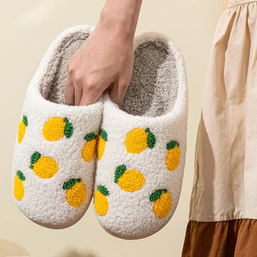Lemon Embroidered Fuzzy Slippers