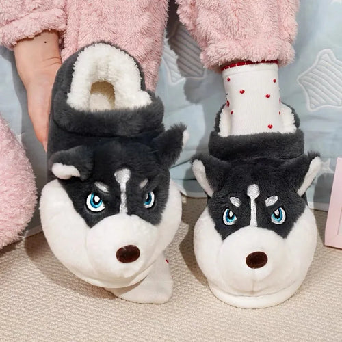 3D Husky Dog Plush Women's Slippers — Cozy Anti-Slip Indoor House Shoes