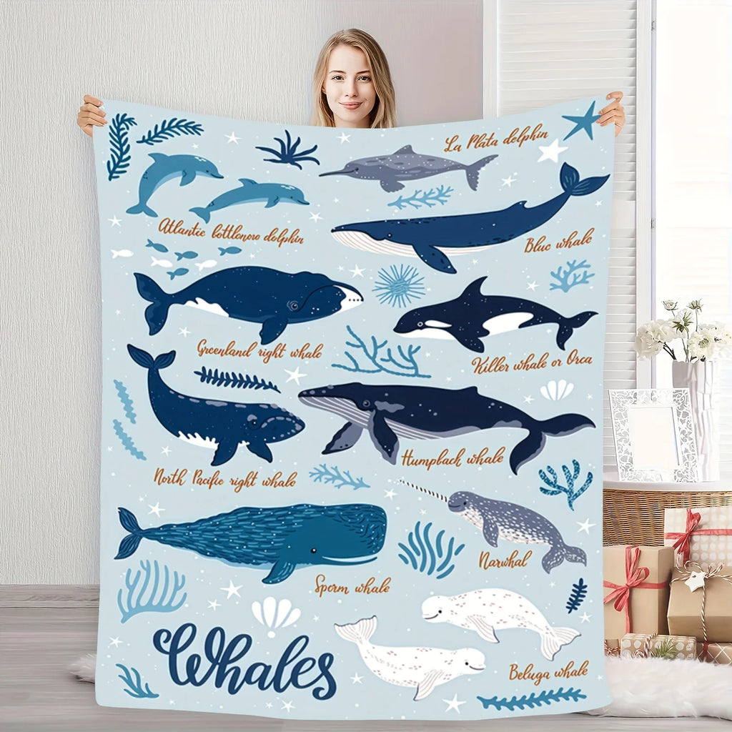Ocean Whale & Dolphin Plush Throw Blanket
