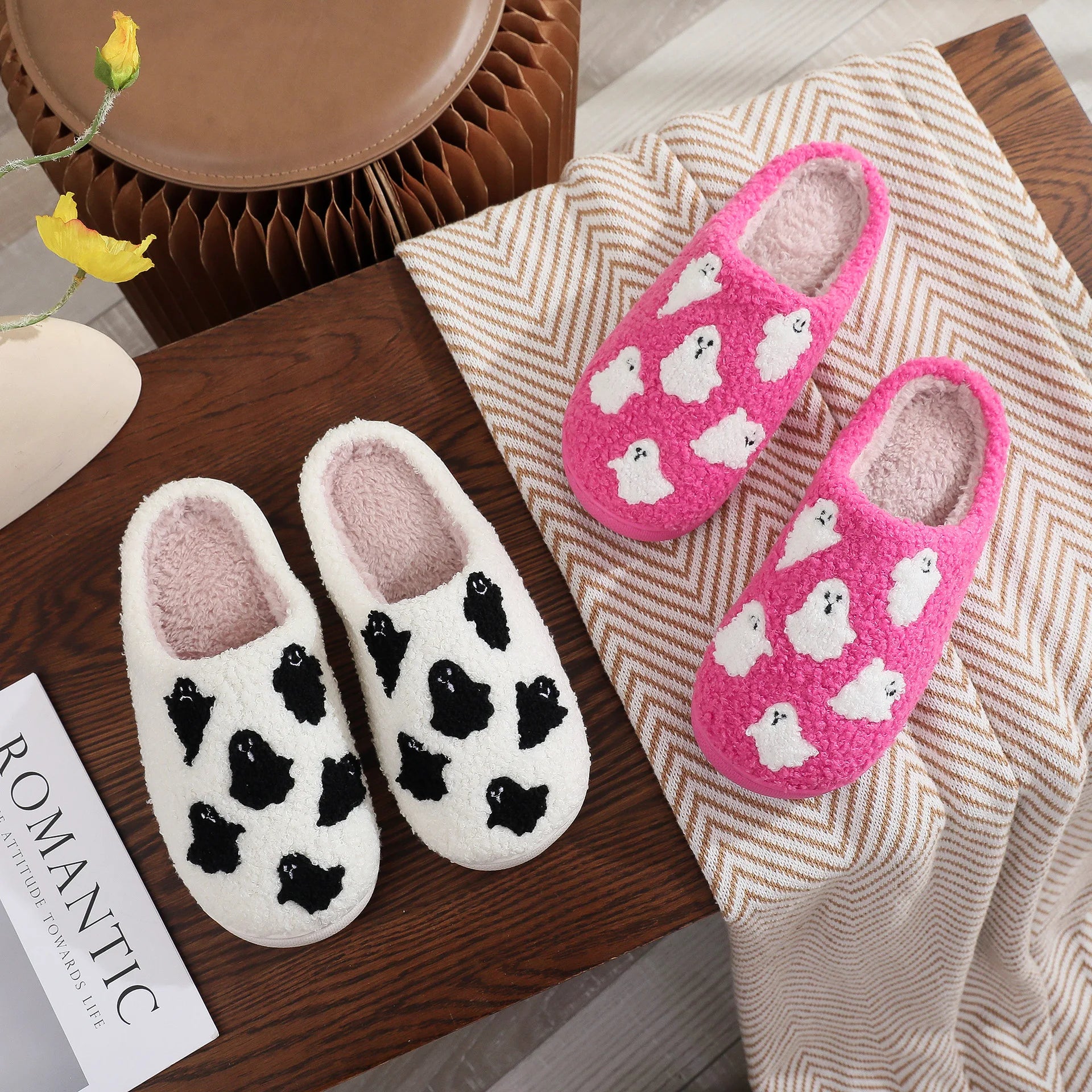 Halloween Ghost Witch Plush Slippers — Cozy Embroidered Indoor House Shoes