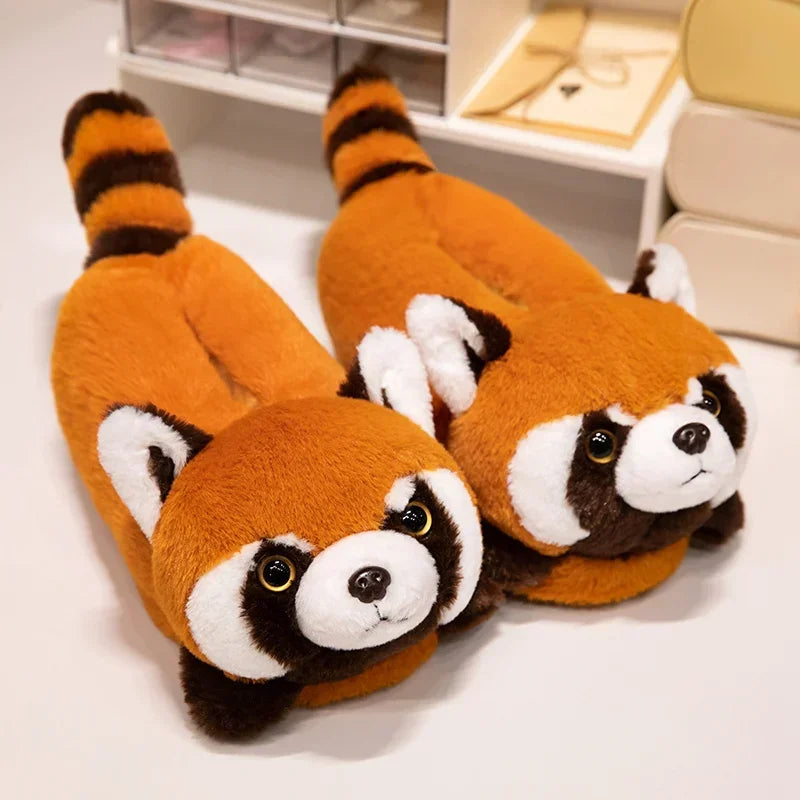 3D Red Panda & Fox Plush Slippers — Cozy Warm Indoor House Shoes