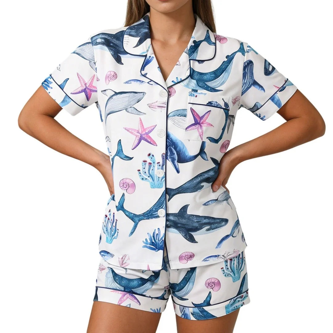 Ocean Themed Pajamas Blue with Whale Starfish Print Lapel Short Sleeve Shorts Loungewear Pants Home Wear Set Gifts for Women