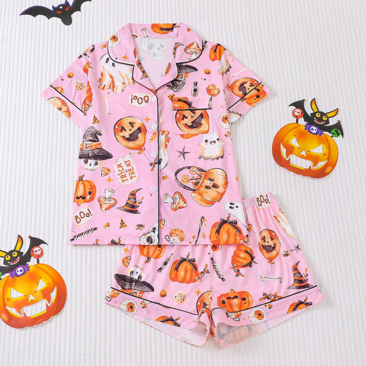 Halloween Ghost & Pumpkin Women's Pajama Set — Short Sleeve Top & Shorts