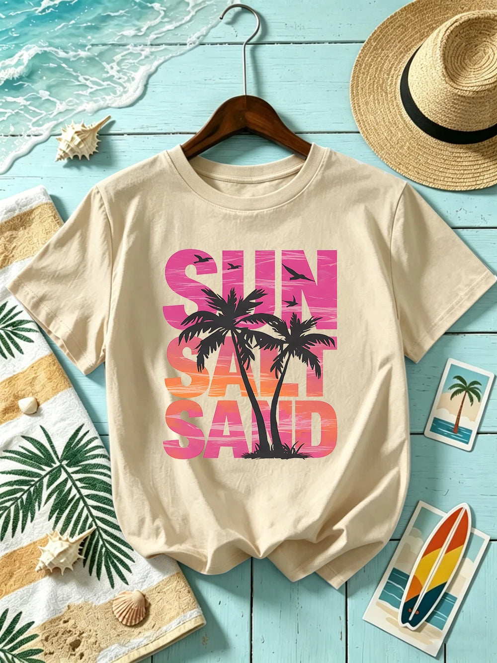 Sun Salt Sand Coconut Tree 
Prints T-Shirts Womens Cotton Summer Short Sleeve T Shirt O-Neck Oversized Tops Basic Soft Clothes