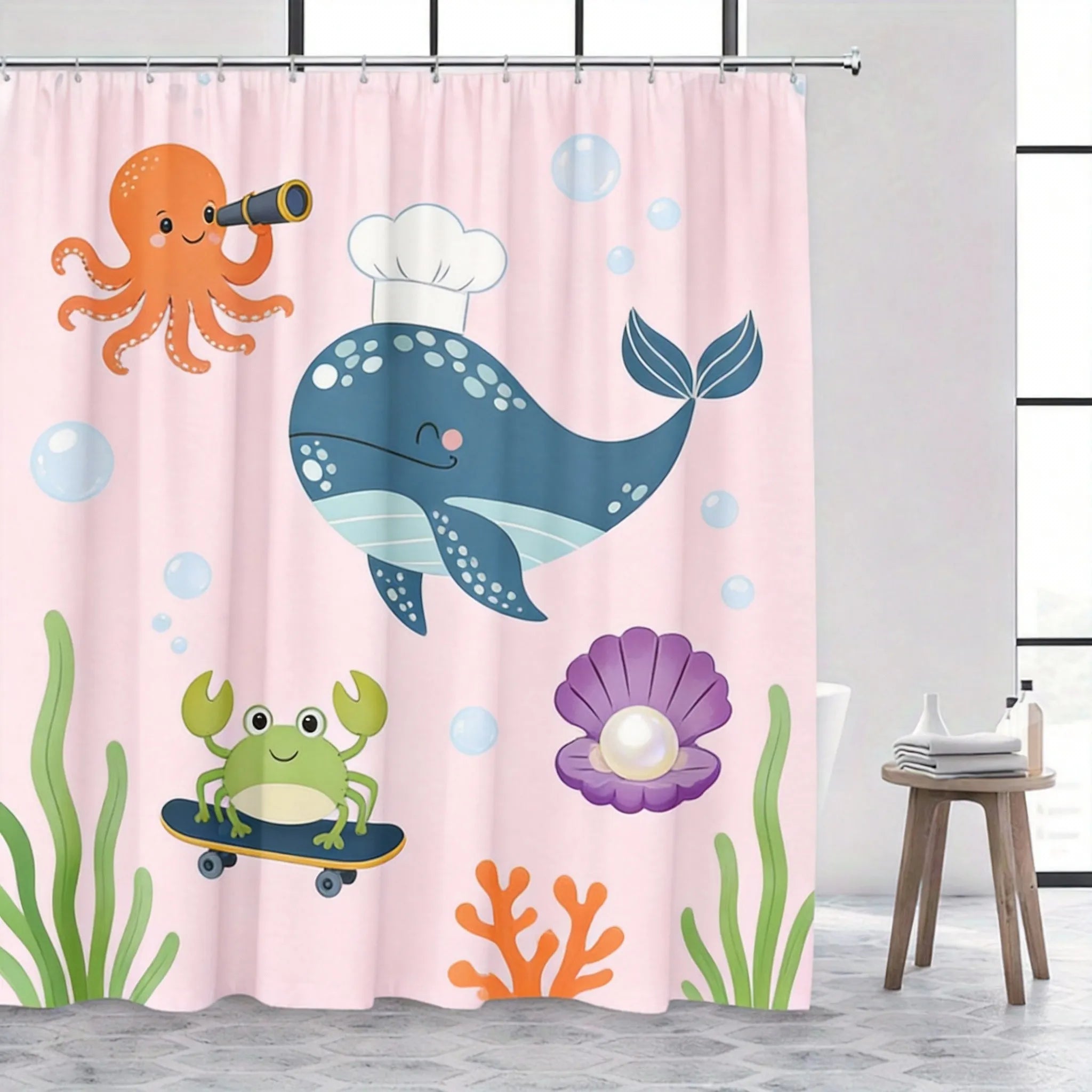 Underwater Shower Curtain 180x180cm – Playful Ocean Animals for Kids Bathroom, Whimsical Aquatic Decor, 12 Hooks