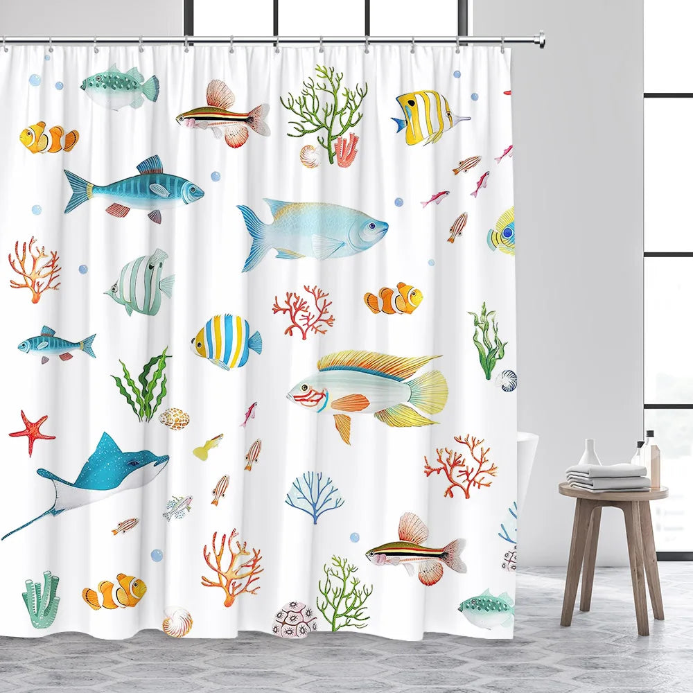 Cartoon Animals Shower Curtains Cute Ocean Fish Sea Turtle Whale Octopus Child Bathroom Curtain Decor with Hooks