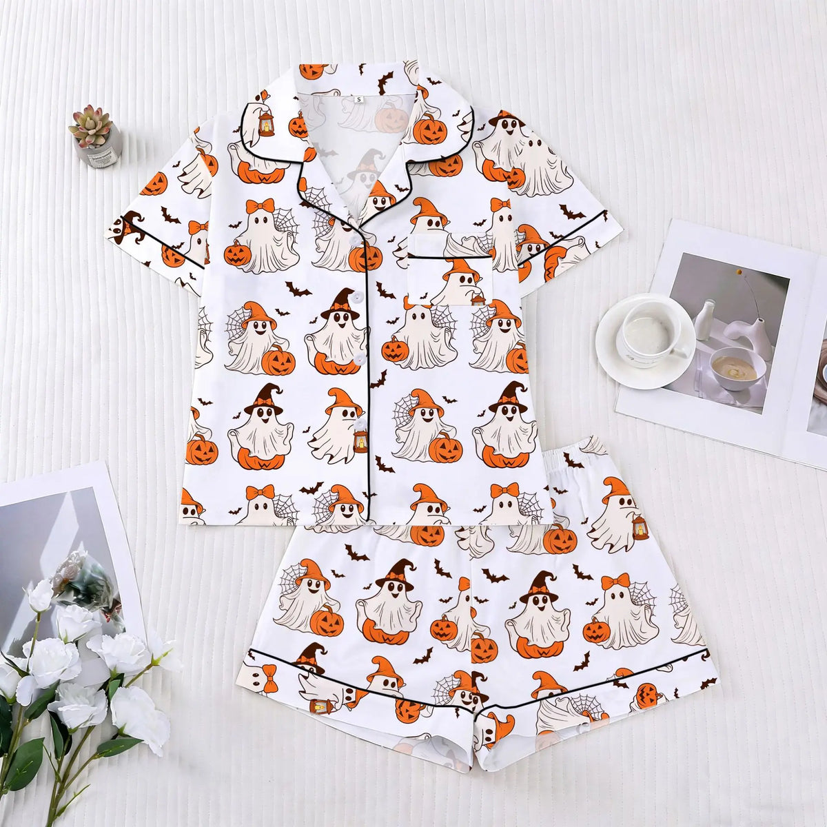 Halloween Ghost & Pumpkin Women's Pajama Set — Short Sleeve Top & Shorts