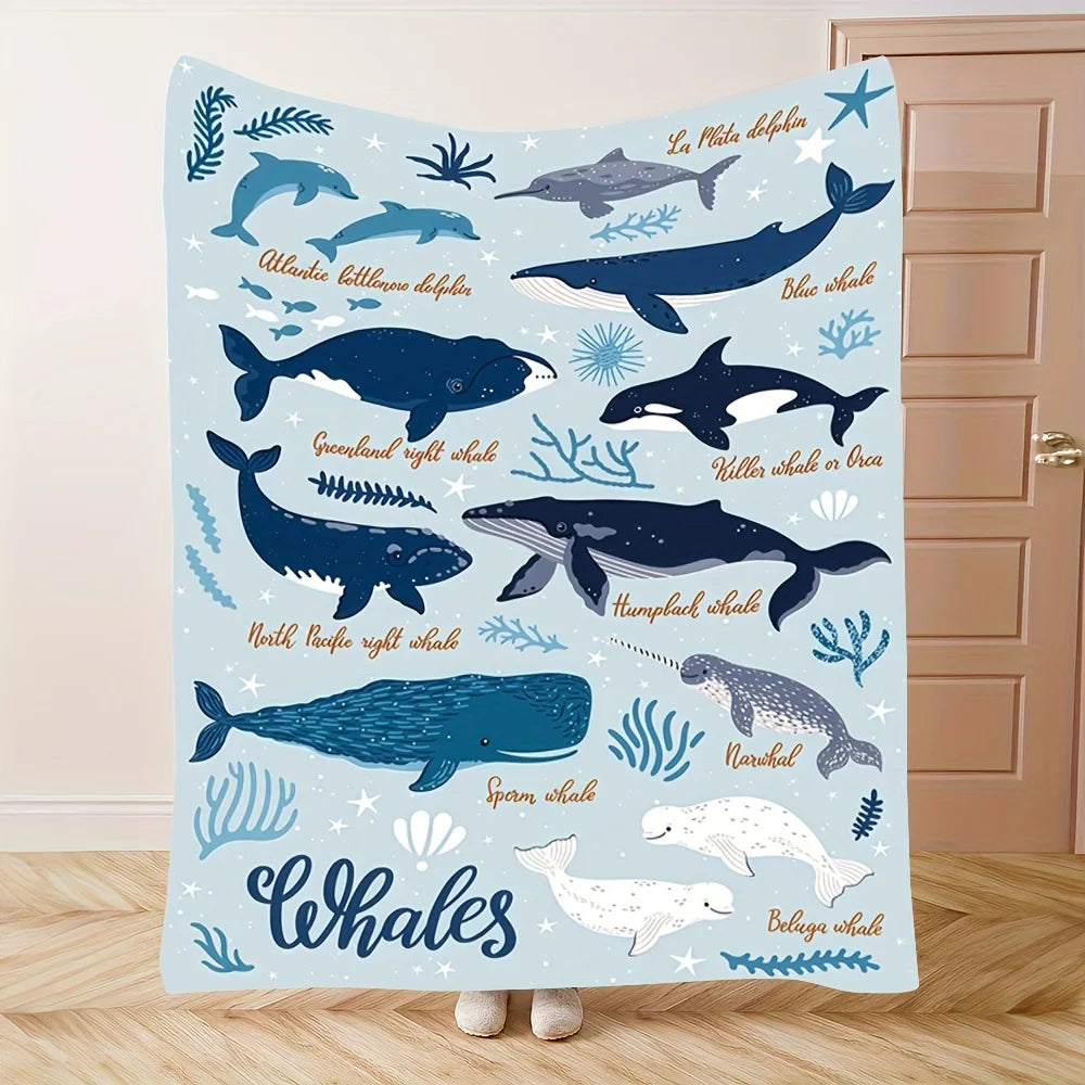 Ocean Whale & Dolphin Plush Throw Blanket