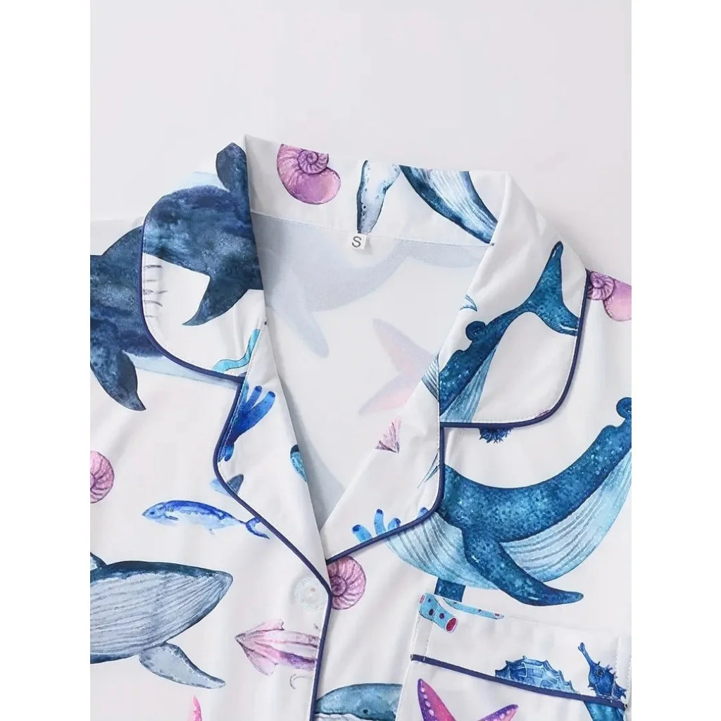 Ocean Themed Pajamas Blue with Whale Starfish Print Lapel Short Sleeve Shorts Loungewear Pants Home Wear Set Gifts for Women