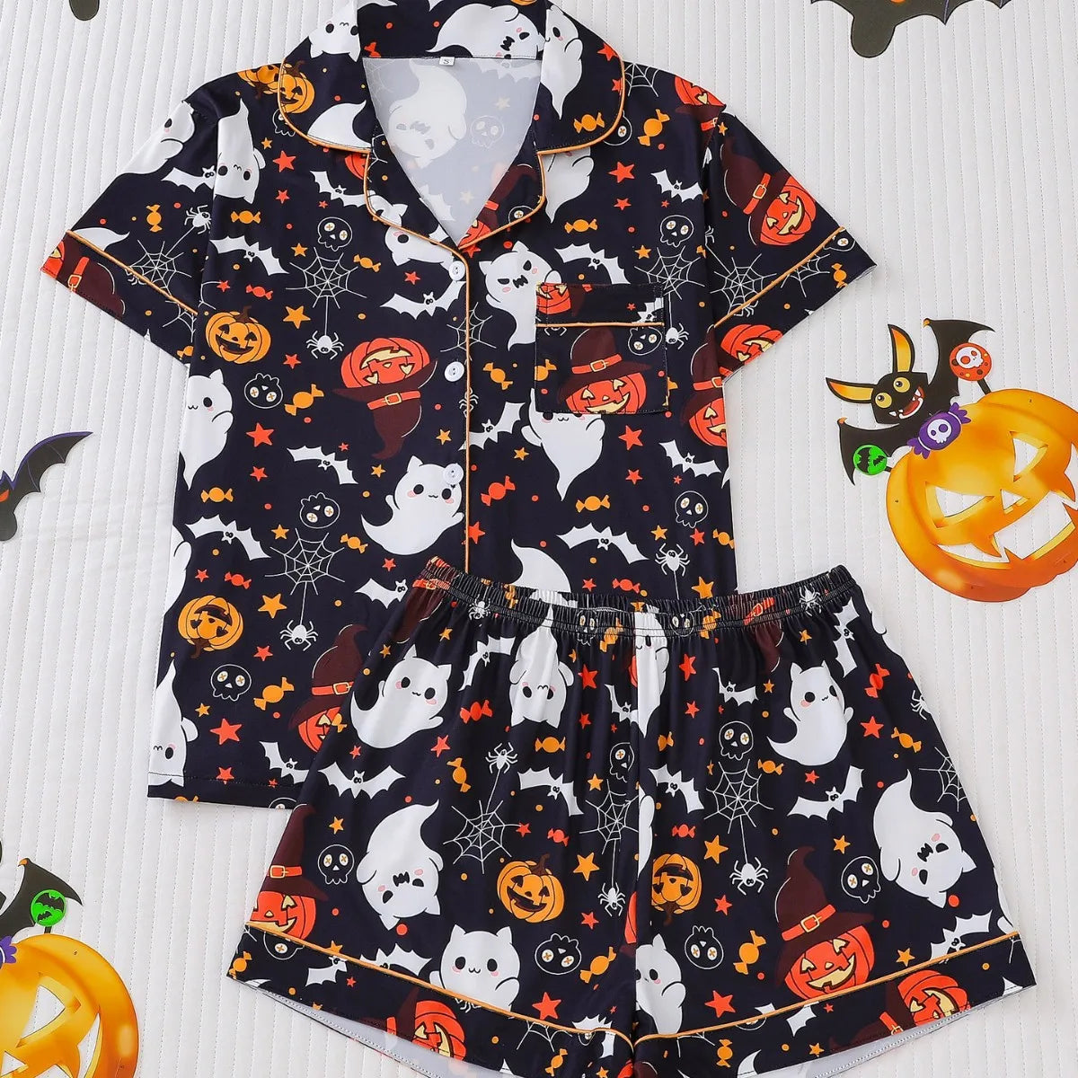 Halloween Ghost & Pumpkin Women's Pajama Set — Short Sleeve Top & Shorts