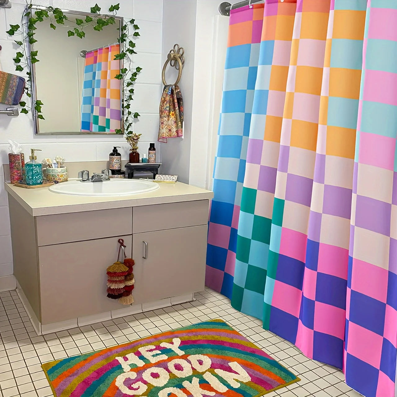Retro Fabric Shower Curtain, Polyester Multicolored Plaid Heavy-Duty Bright Rainbow Colorful Modern Minimalist Stylish Aesthetic