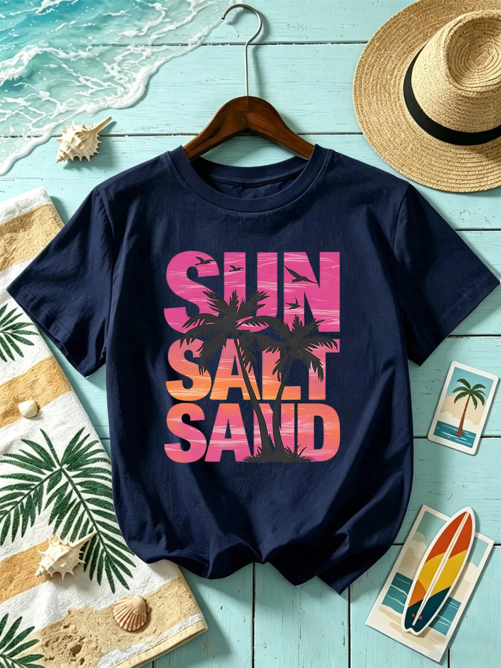 Sun Salt Sand Coconut Tree 
Prints T-Shirts Womens Cotton Summer Short Sleeve T Shirt O-Neck Oversized Tops Basic Soft Clothes