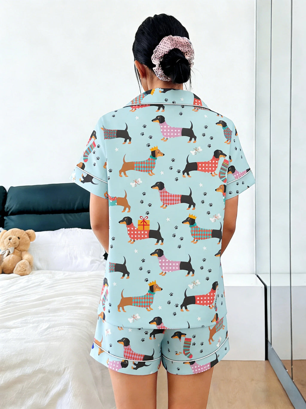 Festive Dachshund Print Women's Pajama Set — Short Sleeve Top & Shorts