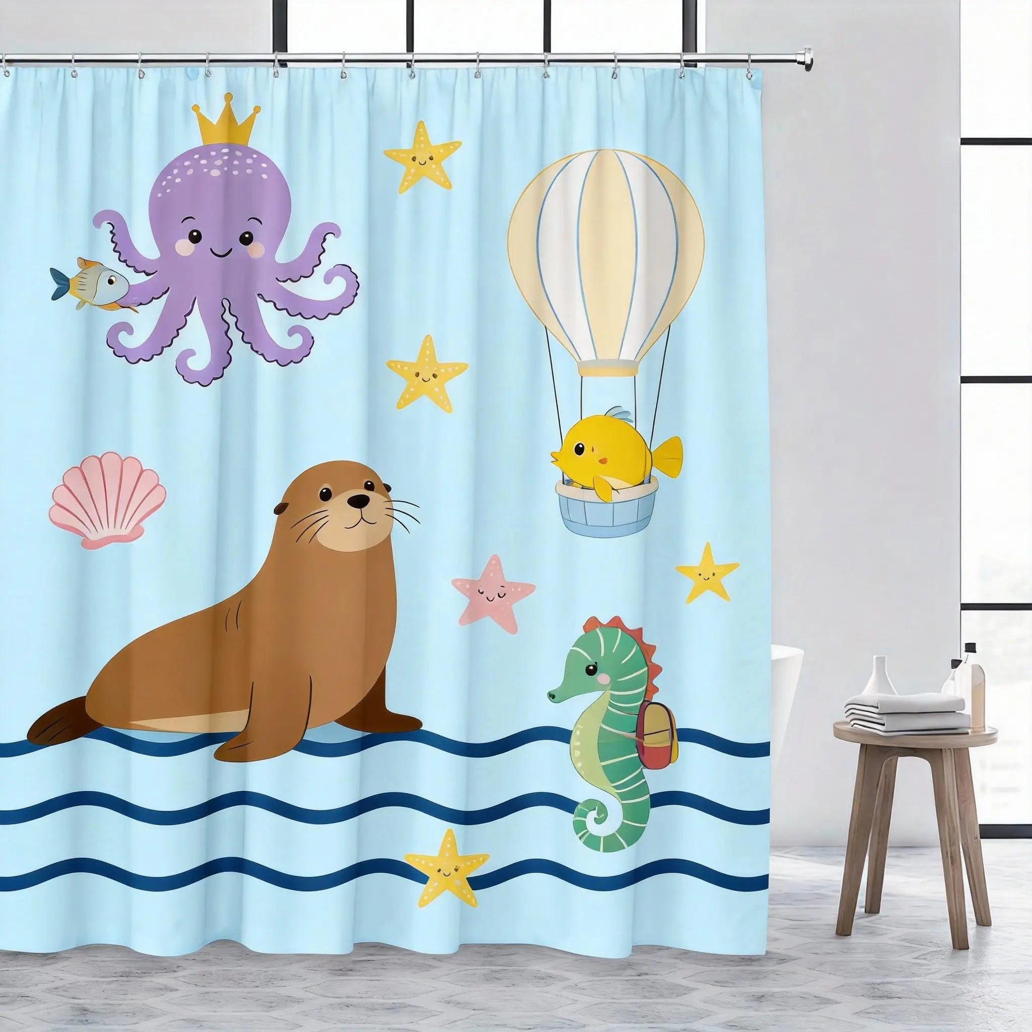 Underwater Shower Curtain 180x180cm – Playful Ocean Animals for Kids Bathroom, Whimsical Aquatic Decor, 12 Hooks