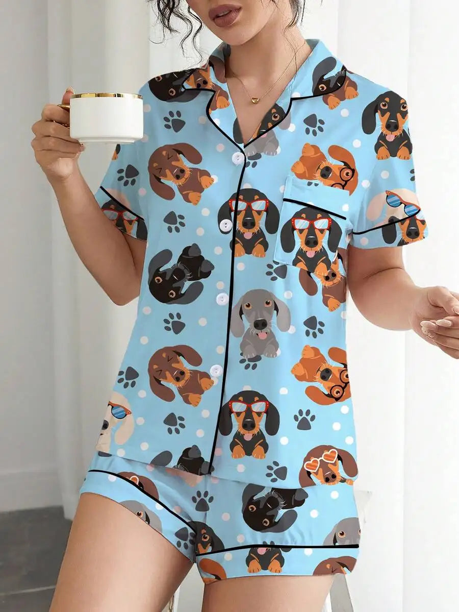 Dachshund in Glasses Women's Pajama Set — Short Sleeve Top & Shorts