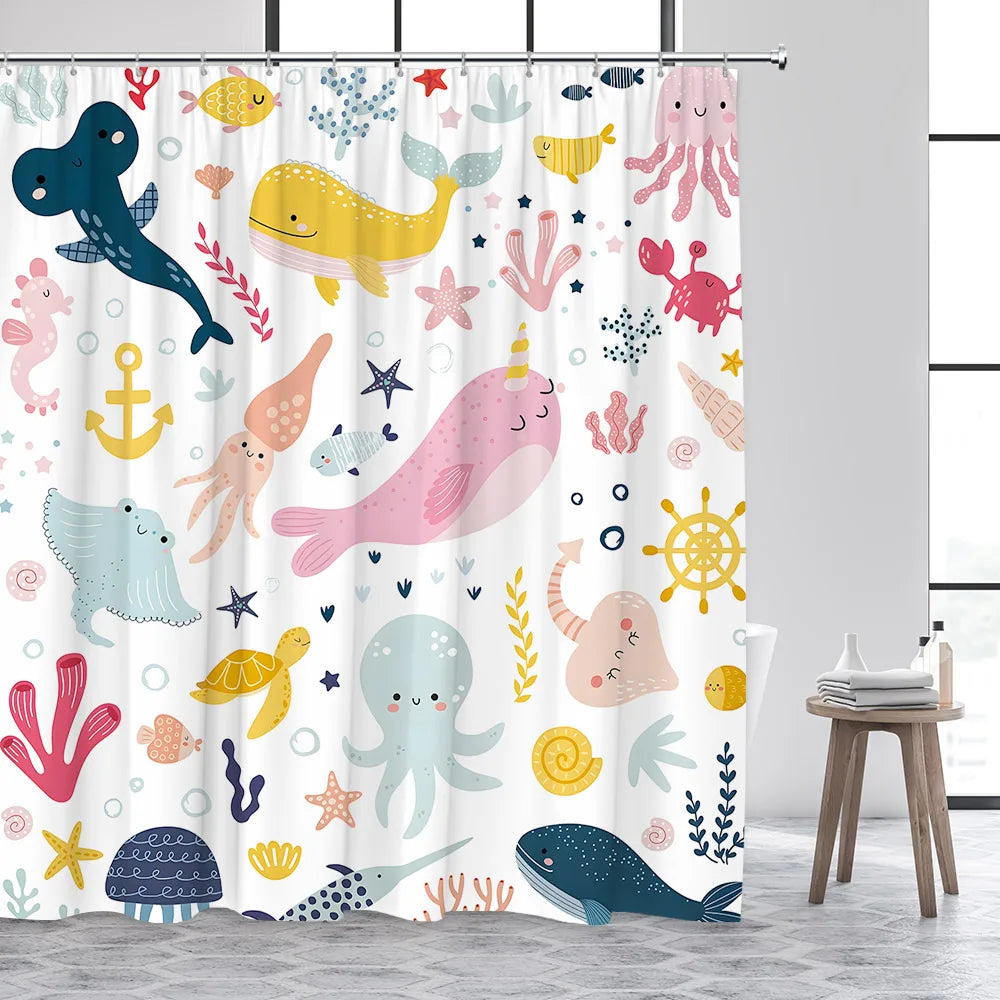 Cartoon Animals Shower Curtains Cute Ocean Fish Sea Turtle Whale Octopus Child Bathroom Curtain Decor with Hooks