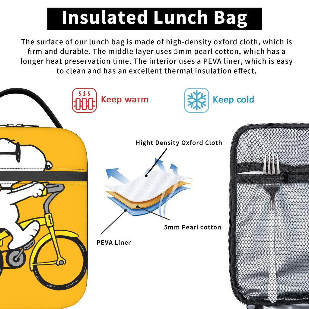 Snoopy Woodstock Riding Bike Insulated Lunch Bag Cooler Bag Reusable,Meal Container Cartoon Lunch Box Tote Food Bag Outdoor