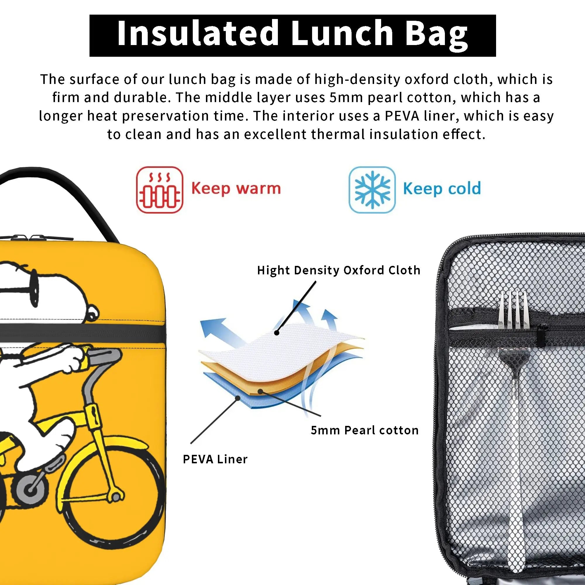 Snoopy Woodstock Riding Bike Insulated Lunch Bag Cooler Bag Reusable,Meal Container Cartoon Lunch Box Tote Food Bag Outdoor