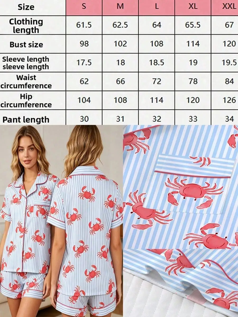 Fun crab print women's matching pajamas with pocket short sleeves and loose shorts, breathable and comfortable, cute pajamas