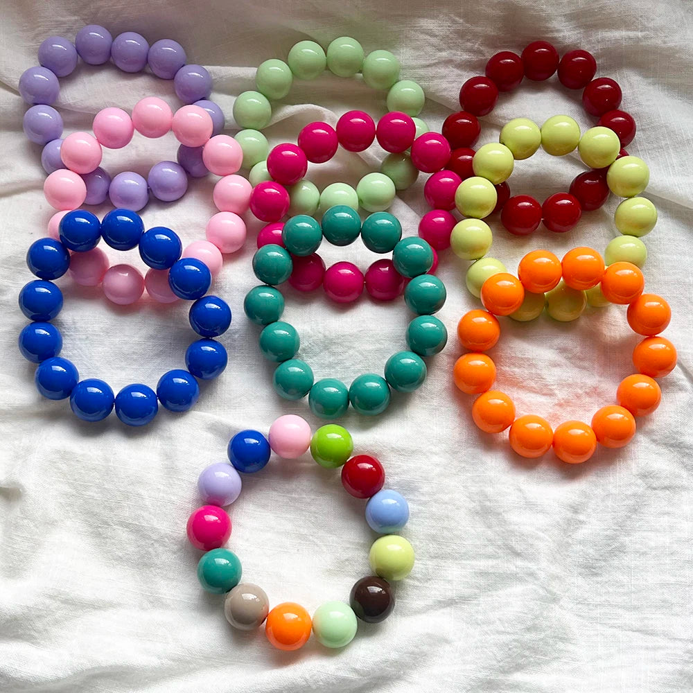 Cute Sweet Colorful Acrylic Big Bead Chunky Bracelet Fluorescent Hand Beaded Simple Stacking Bangles Jewelry Accessories