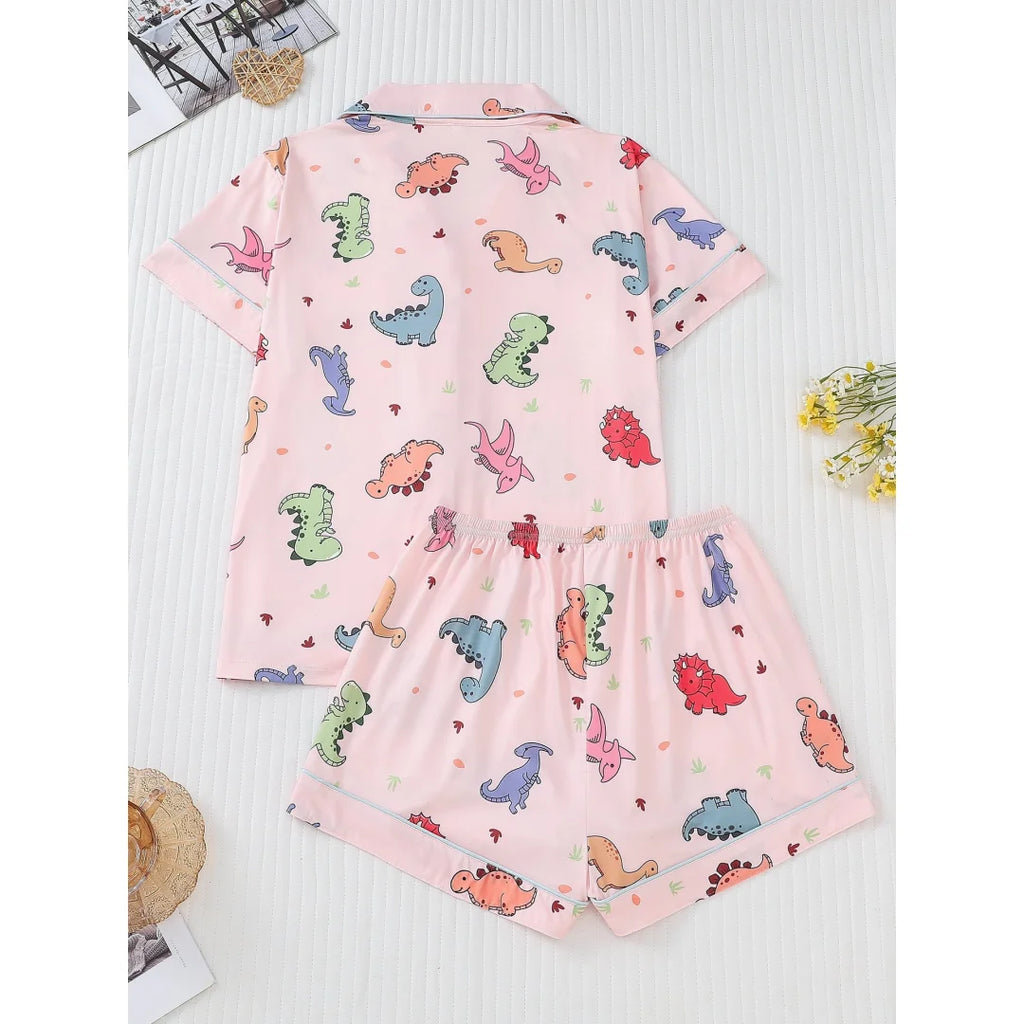 Dinosaur Themed Pajamas Pink with Animal Print Lapel Short Sleeve Shorts Loungewear Home Wear Set Clothes Gifts for Women