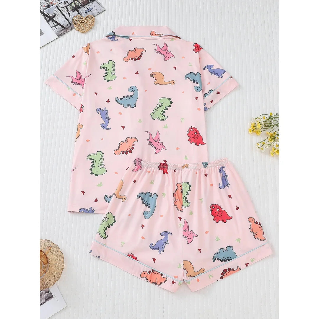 Dinosaur Themed Pajamas Pink with Animal Print Lapel Short Sleeve Shorts Loungewear Home Wear Set Clothes Gifts for Women