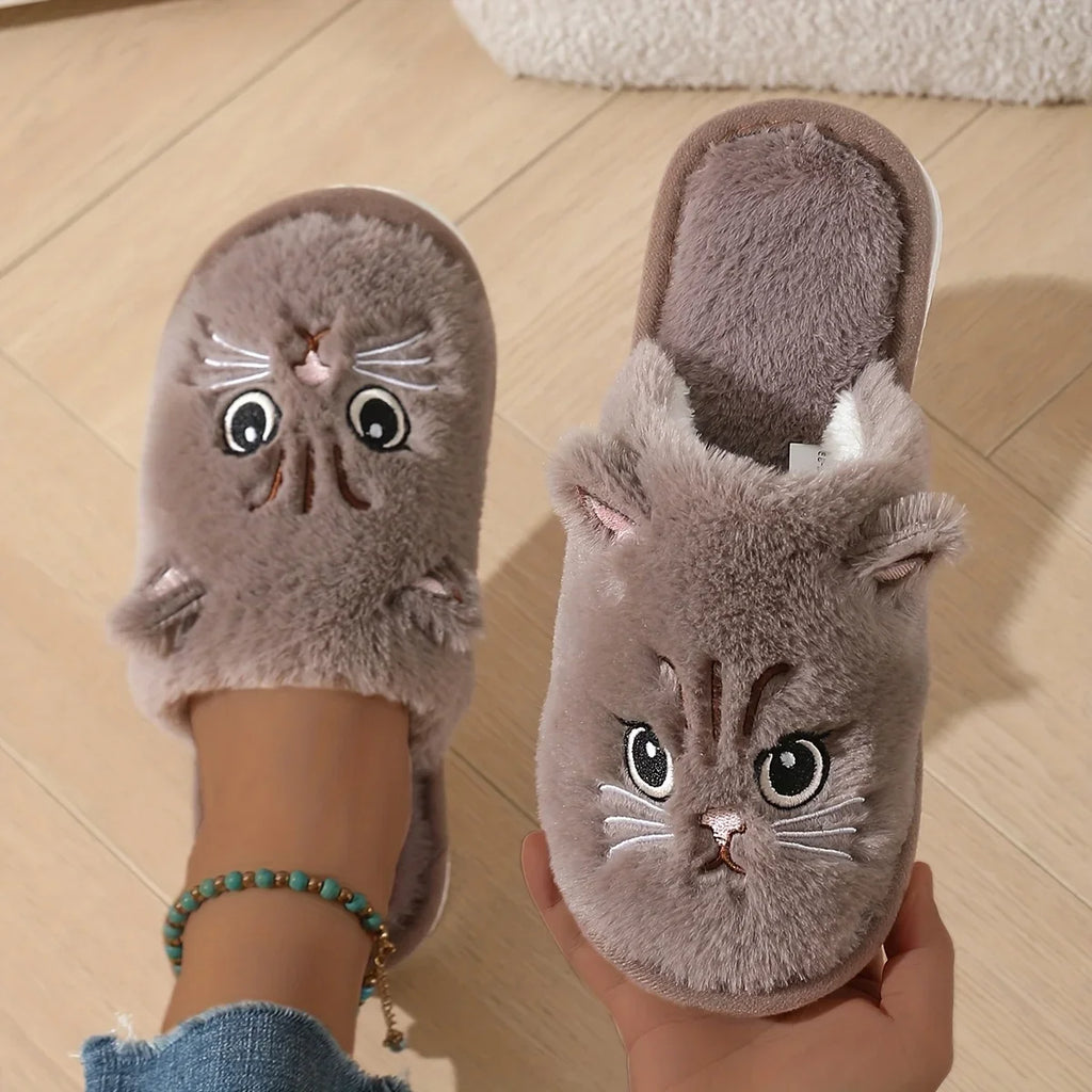 Cute Plush Cat Slippers Winter Warm Cozy Indoor House Shoes Soft EVA Sole Non-Slip Design